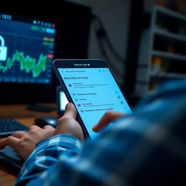 User accessing IQ Option account with mobile device showing recovery options and security features