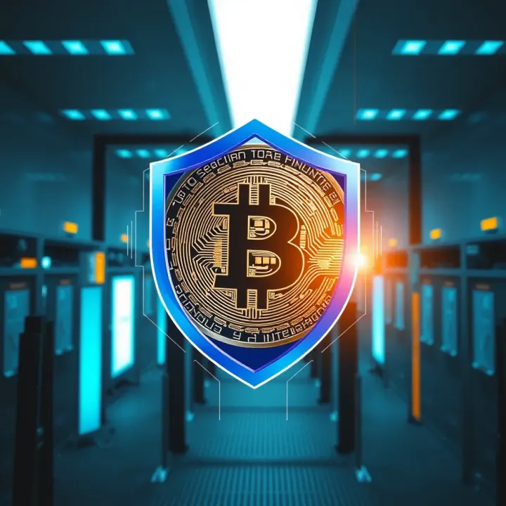 Illustration showing digital security shield overlaying Bitcoin symbol with financial institution background