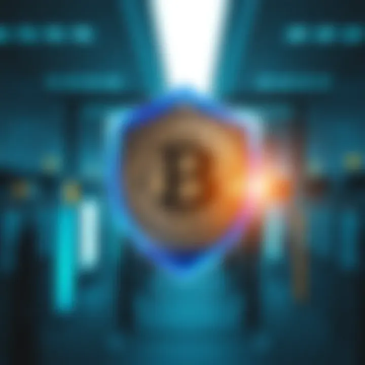 Illustration showing digital security shield overlaying Bitcoin symbol with financial institution background