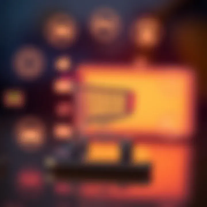 Digital shopping cart on a smartphone screen surrounded by icons representing online payment and delivery