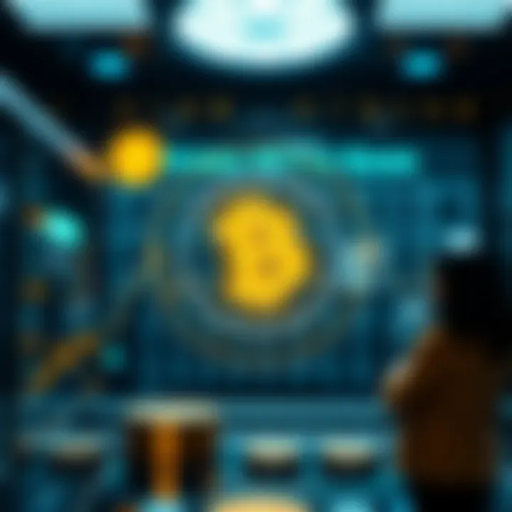 Conceptual graphic depicting insurance protection surrounding cryptocurrency investments in a digital bank environment