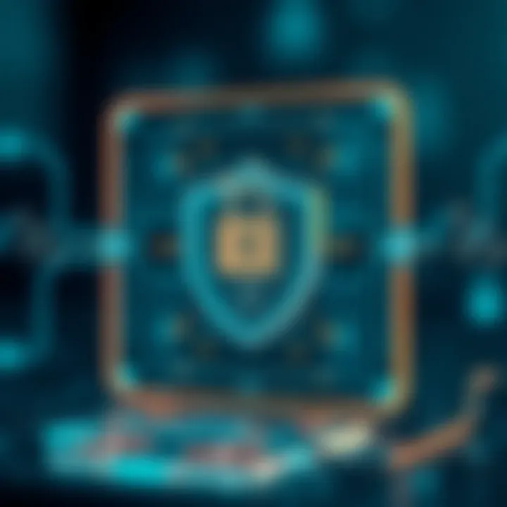Conceptual graphic depicting digital security with a shield and padlock symbolizing protection in e-commerce