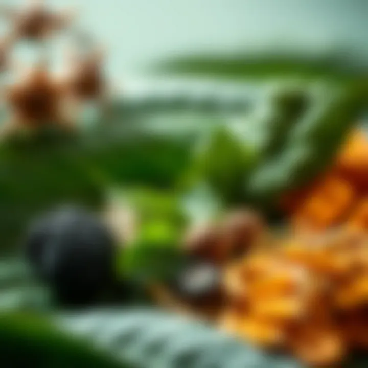 Illustration of natural ingredients used in Quetox supplement on green leaves background