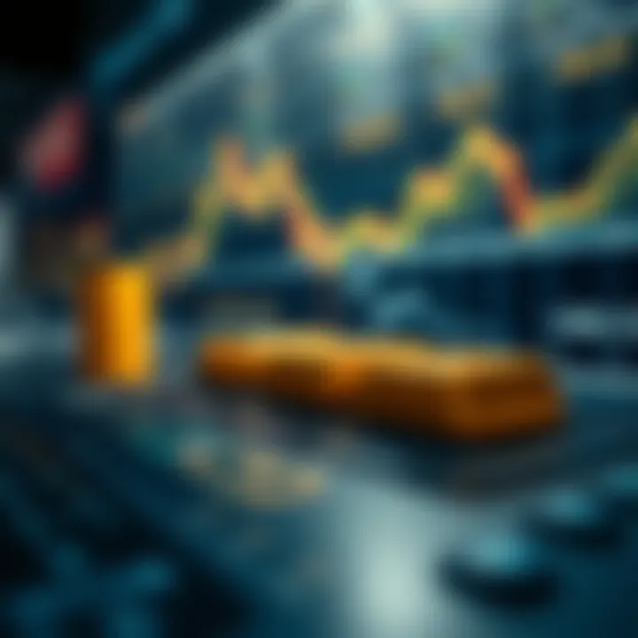 Global financial chart with gold bars and currency exchange symbols