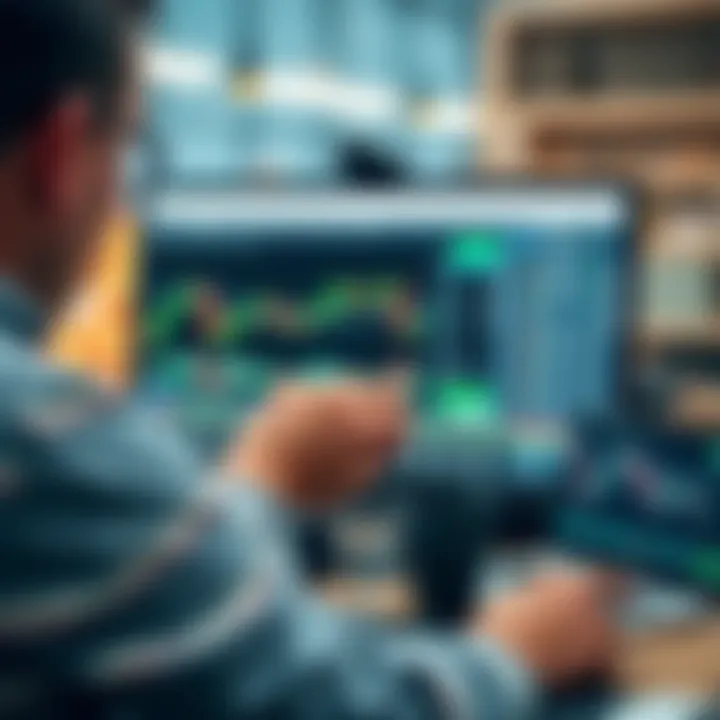 User interacting with the IQ Option software on a desktop displaying trading tools and account features