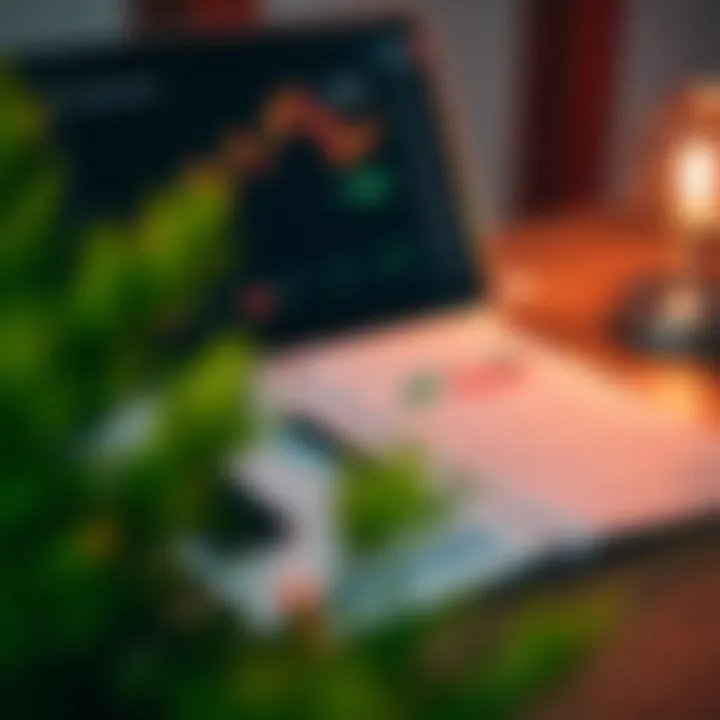 Illustration of financial documents and laptop showing strategies for buying Klabin shares