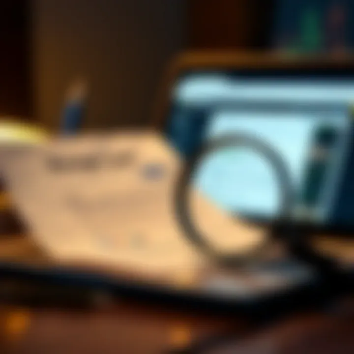 Illustration of a legal document with a magnifying glass and a laptop showing Google search results