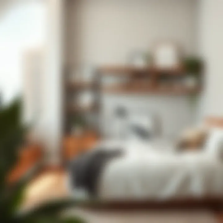 Cozy small apartment bedroom featuring wall-mounted shelves and minimalist decor for space efficiency