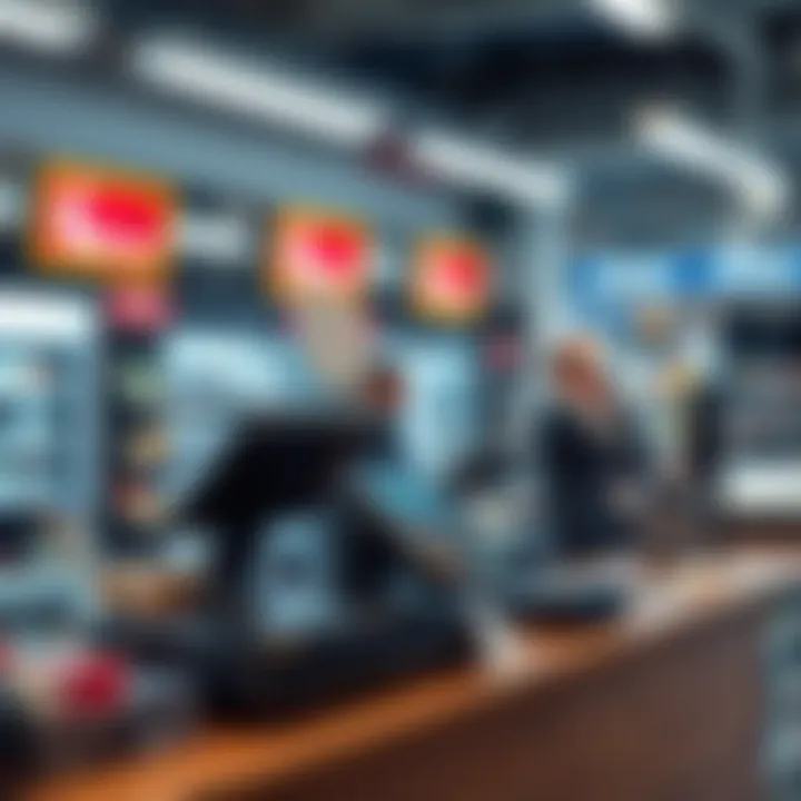 Illustration of retail checkout counter with POS system and customer payment