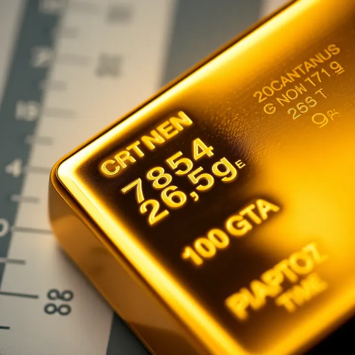 Close-up of certification markings and measurements on a gold bar