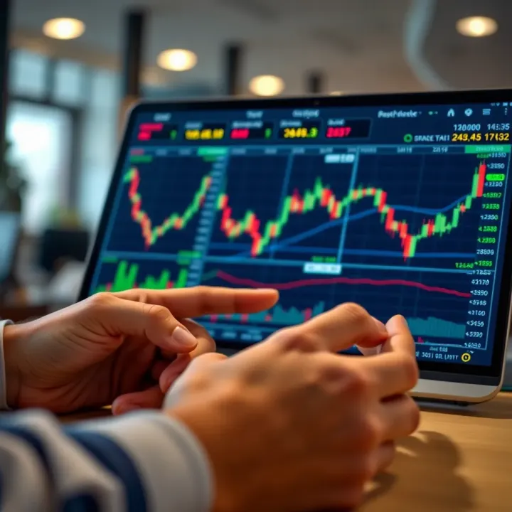 Close-up of a person analyzing market data and selecting a brokerage service on a digital device