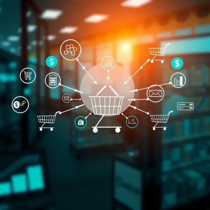 Digital commerce platforms interconnected with icons of shopping carts, data analytics, and financial transactions