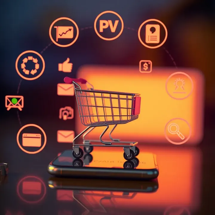 Digital shopping cart on a smartphone screen surrounded by icons representing online payment and delivery