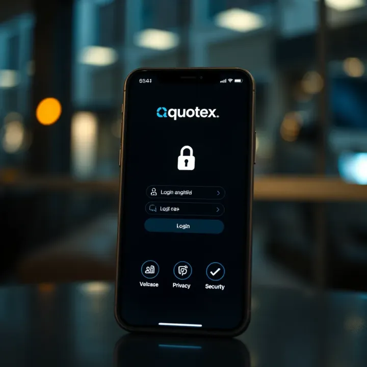 Secure login screen of Quotex app showing privacy and security icons