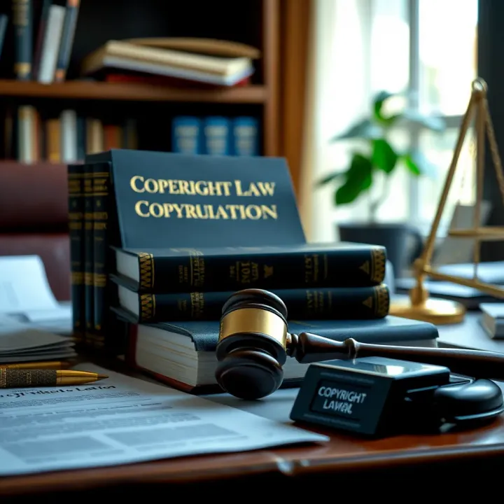 Illustration showing Brazilian copyright law books and legal documents on a desk