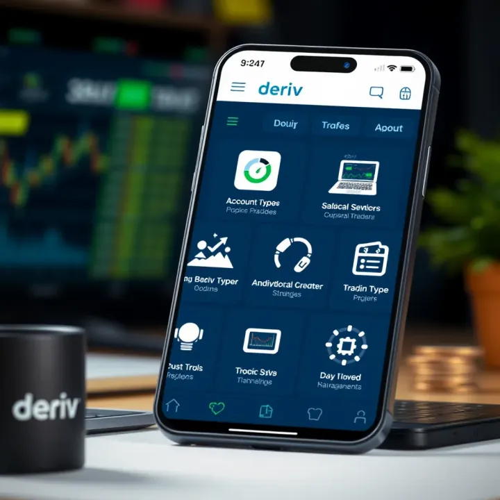 Illustration of various trading options available on the Deriv platform including account types and tools