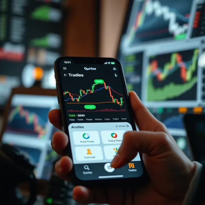 Mobile device displaying Quotex trading platform interface with charts and options