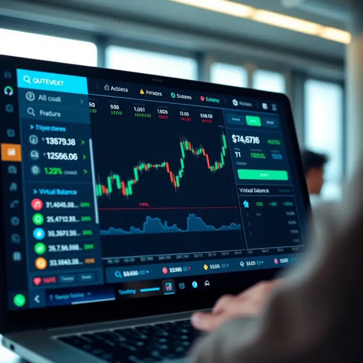 User interface of a trading platform showing demo account features and virtual balance