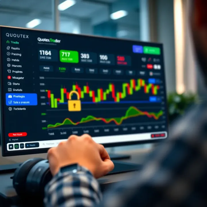 Dashboard showing various trading options and account security features within Quotex platform