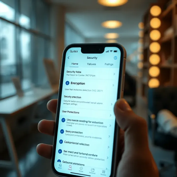 Security features panel of Quotex app displaying encryption and user protection settings