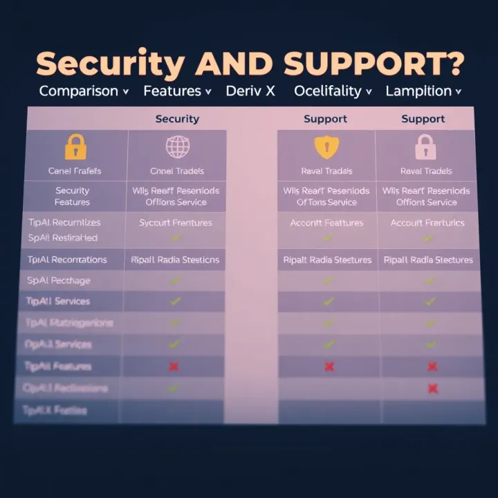 Comparison chart illustrating security features and support services of Deriv X versus other trading platforms