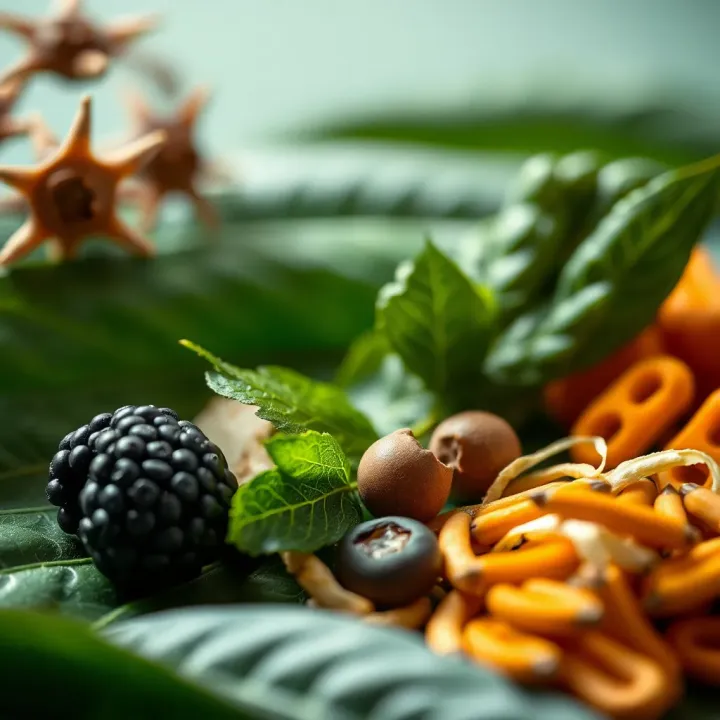 Illustration of natural ingredients used in Quetox supplement on green leaves background