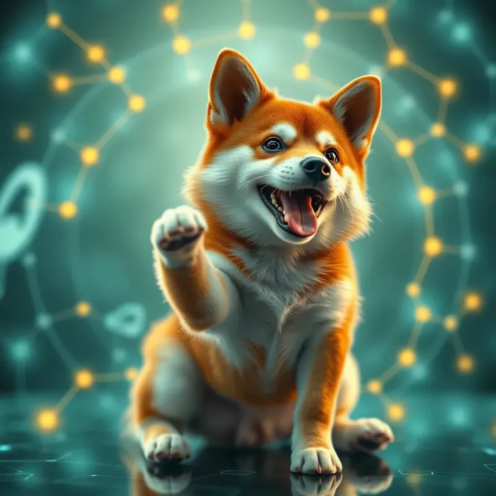 Digital representation of a playful dog symbolizing Floki Inu cryptocurrency within a futuristic blockchain network
