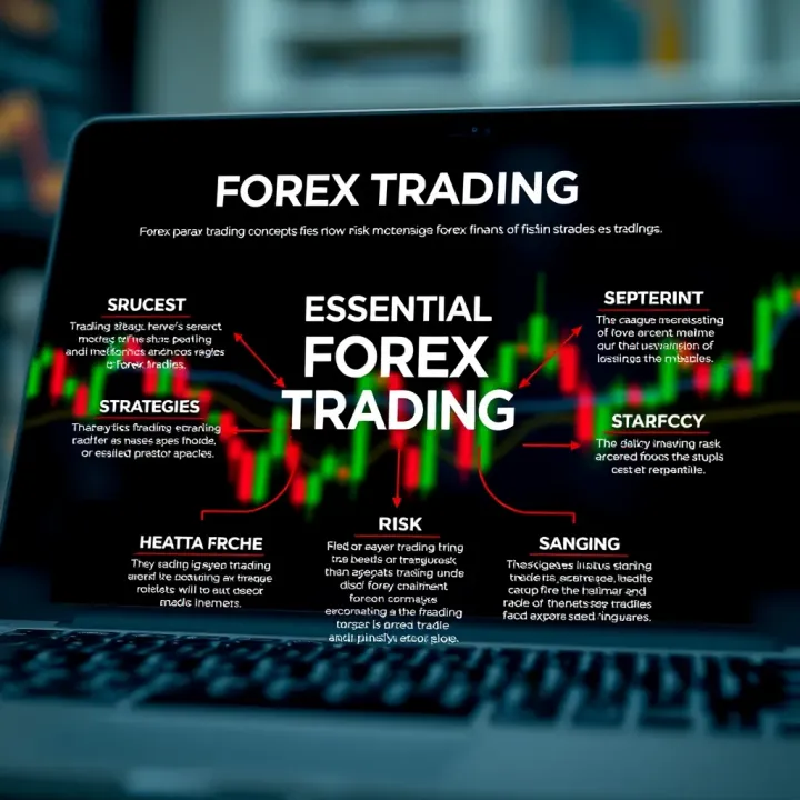 Graphic showing key forex trading concepts including risk management, strategies, and broker selection