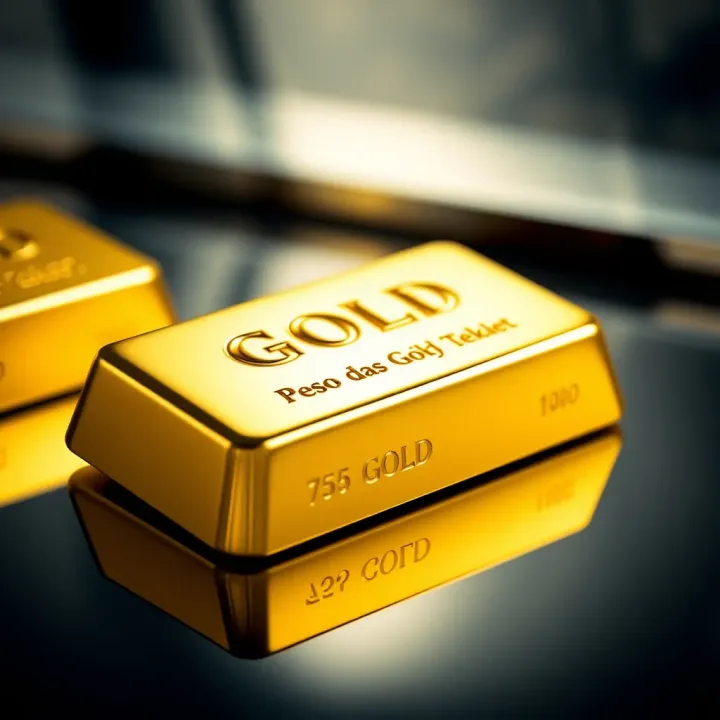 Close-up of a shiny gold bar resting on a reflective surface showcasing its smooth texture and embossed markings