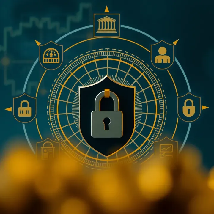Visual representation of financial security and regulation symbols