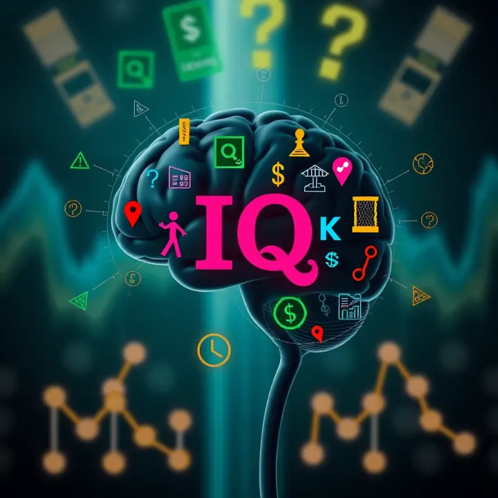 Illustration of a brain with various cognitive functions and IQ-related symbols