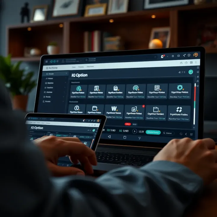 User interface displaying IQ Option download options on various devices