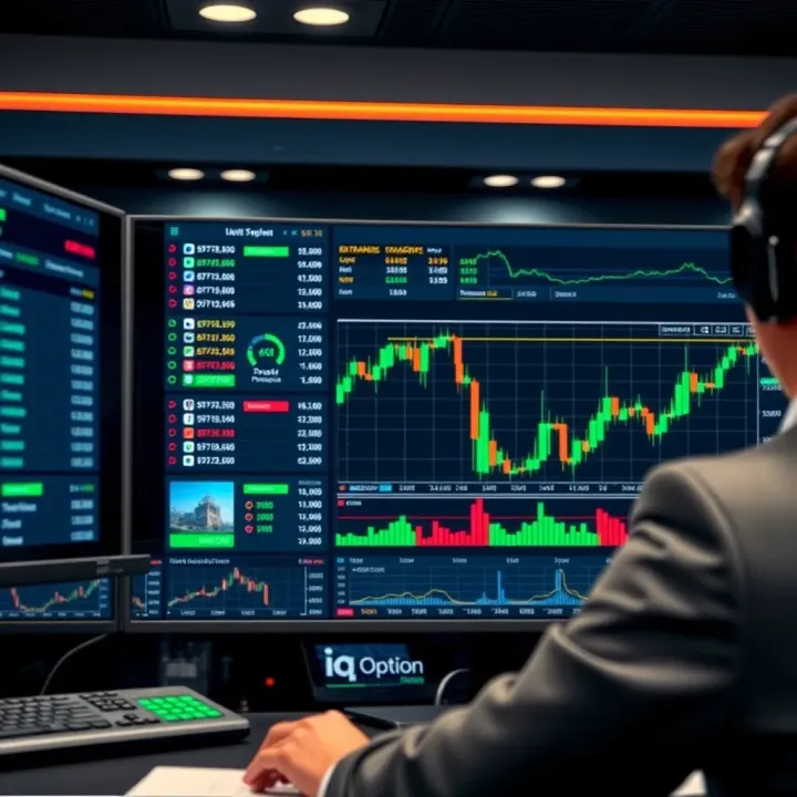 User interface of IQ Option Traderoom showing multiple trading charts and asset options