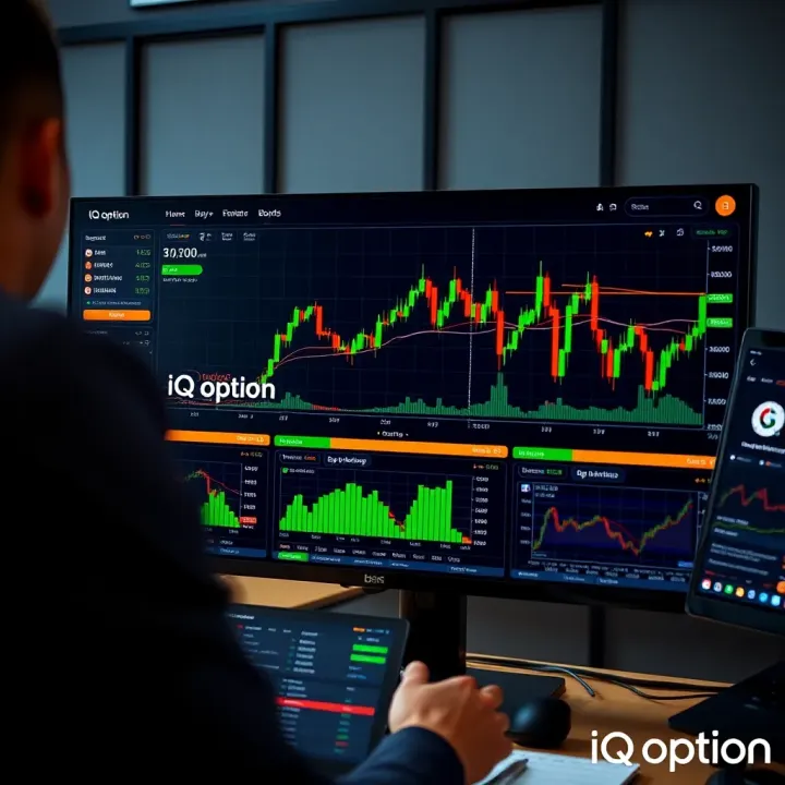 Dashboard view of IQ Option trading platform showing various financial instruments and trading charts