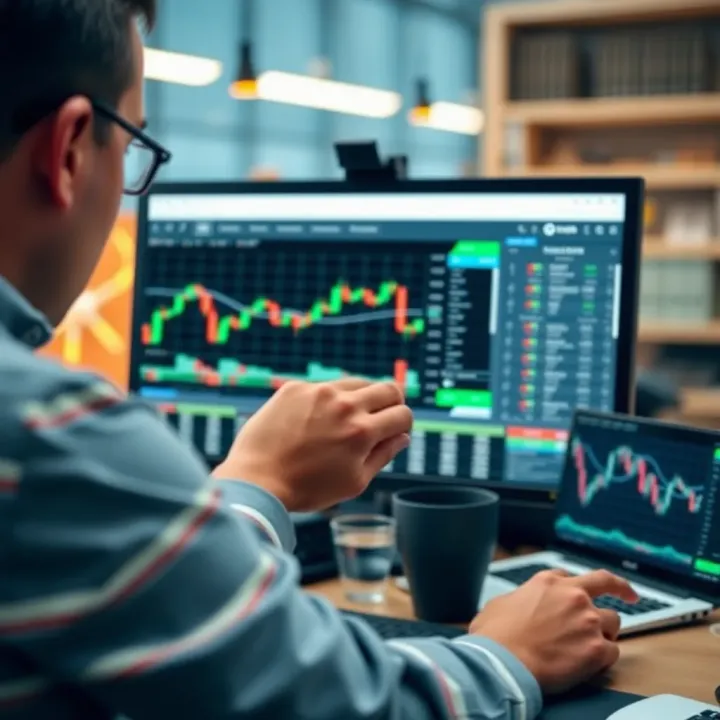 User interacting with the IQ Option software on a desktop displaying trading tools and account features