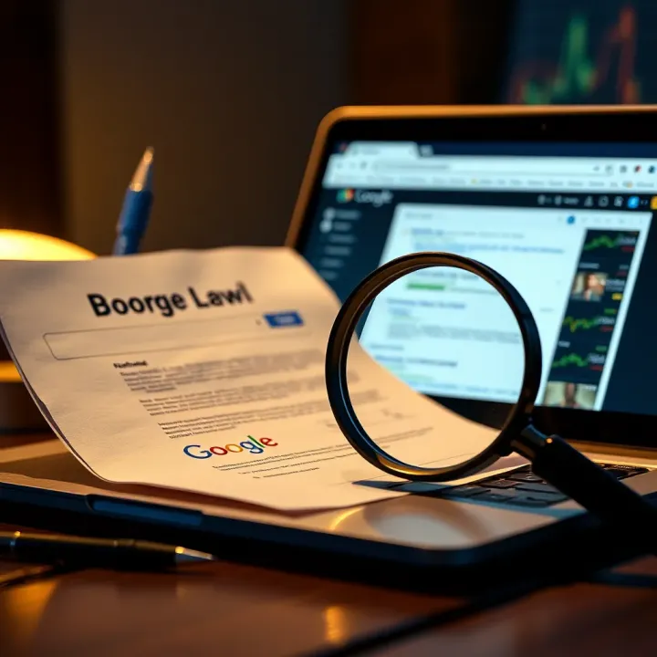Illustration of a legal document with a magnifying glass and a laptop showing Google search results