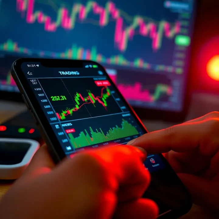 Mobile device displaying a financial trading application with charts and market data