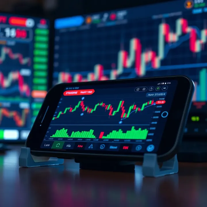 Mobile device displaying a financial trading application with charts and market indicators