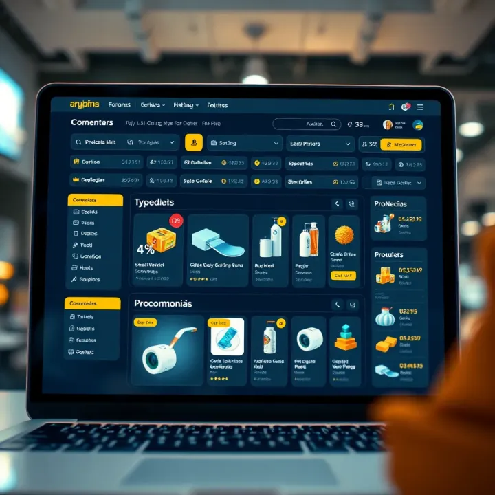 Illustration showing an online shopping platform interface with product listings and navigation menu