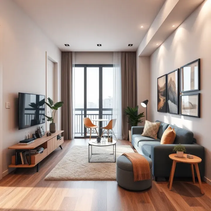 Compact apartment living room with multifunctional furniture and clever storage solutions