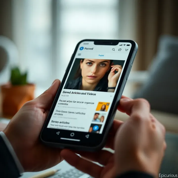 User interface showing Pocket app with saved articles and videos for reading and organization