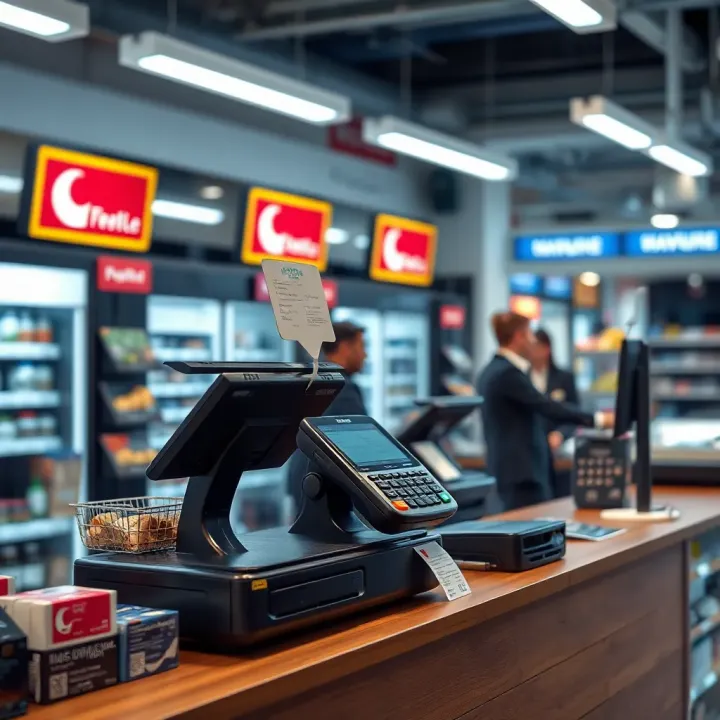 Illustration of retail checkout counter with POS system and customer payment