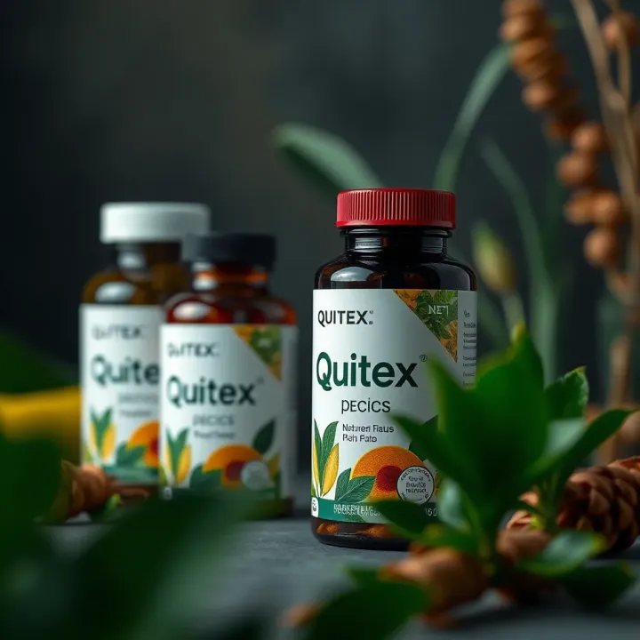 Detailed representation of Quitex product packaging and natural ingredients