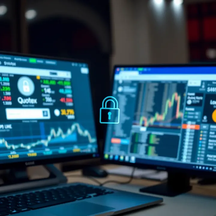 Security shield icon overlay on a computer screen showing secure login to Quotex platform