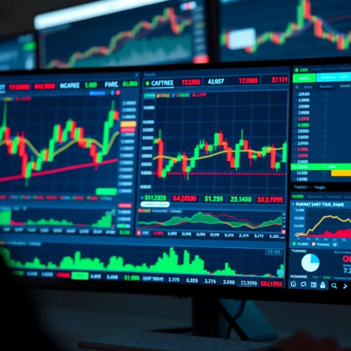 Digital trading platform interface showing binary options and forex market data with charts and indicators