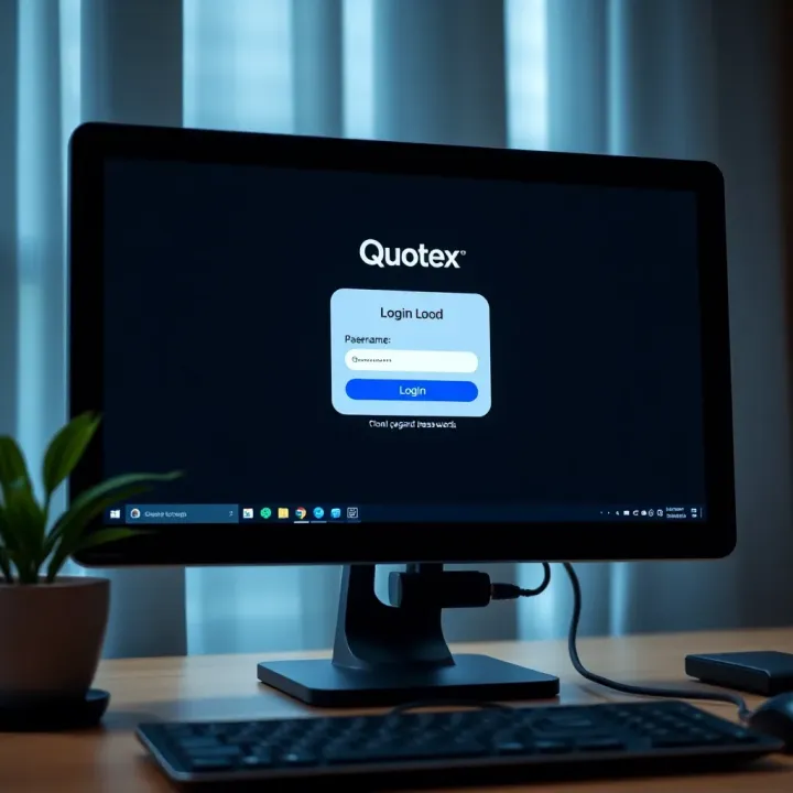 Computer screen displaying Quotex login page with username and password fields