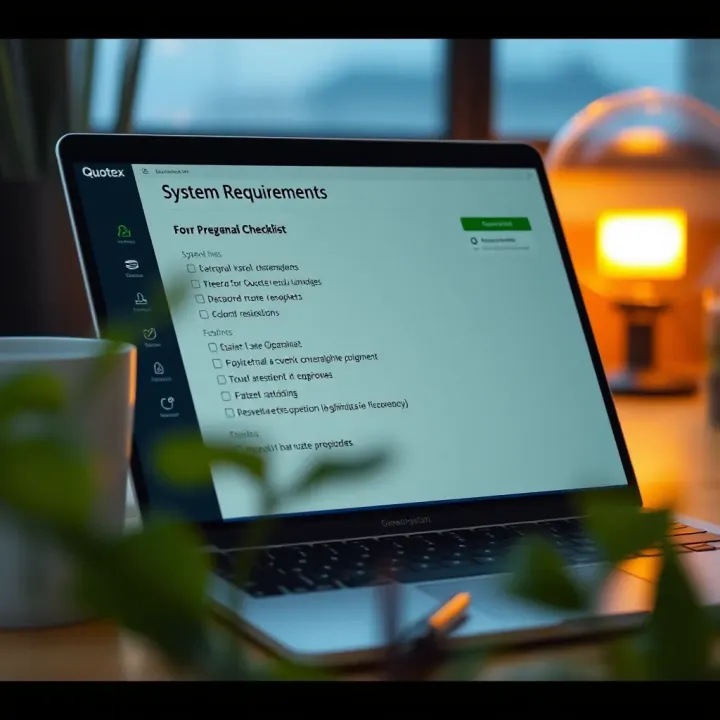 Checklist of system requirements beside a laptop showing Quotex app