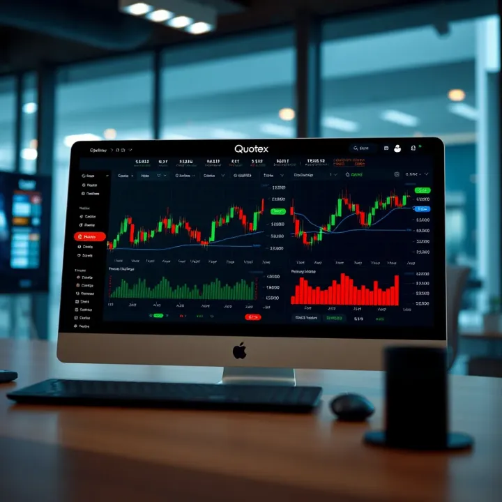 User interface showcasing Quotex trading platform with charts and options for financial investments