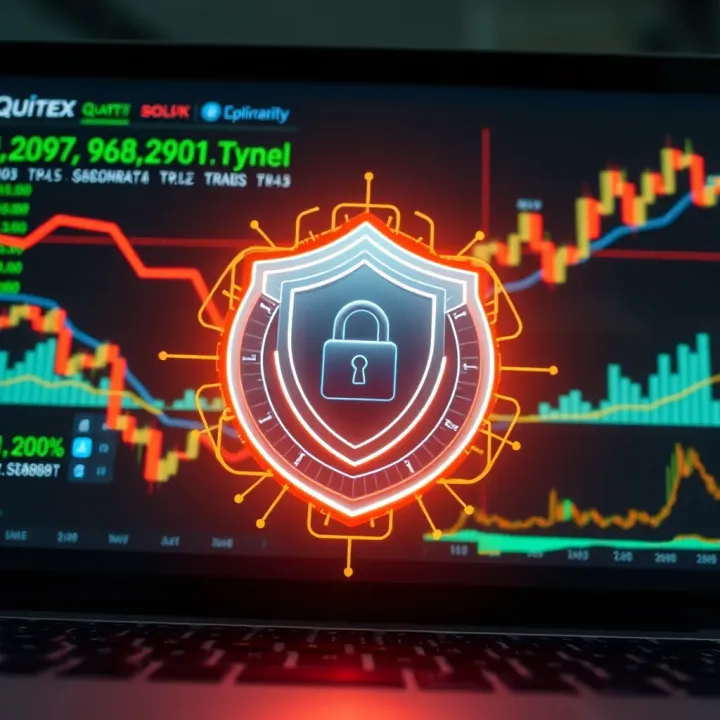 Graphic showing digital security shield protecting financial data on a trading platform