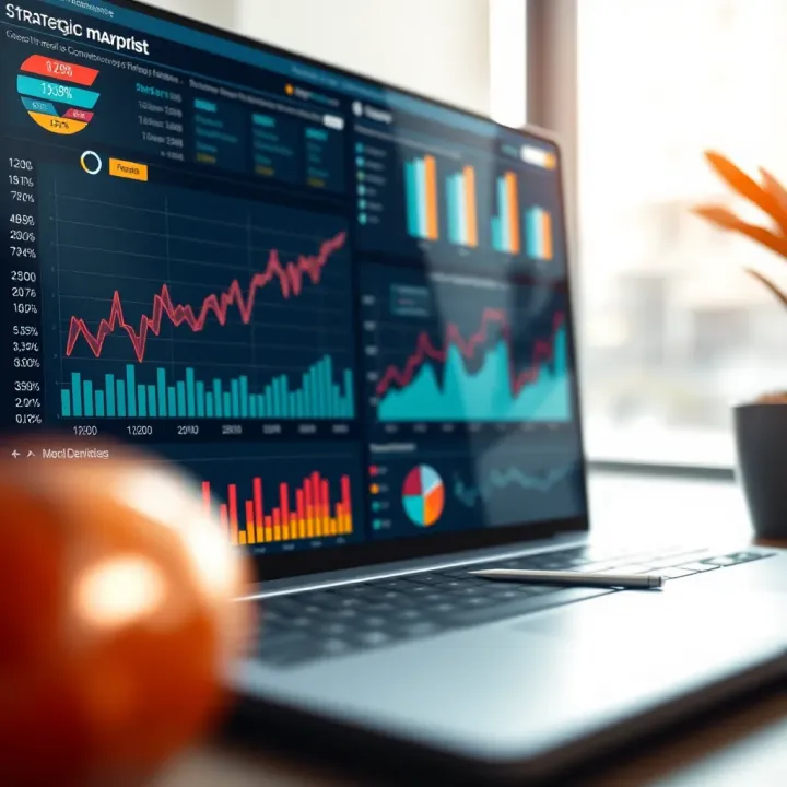 Strategic planning on a digital dashboard displaying charts, market trends, and e-commerce growth metrics